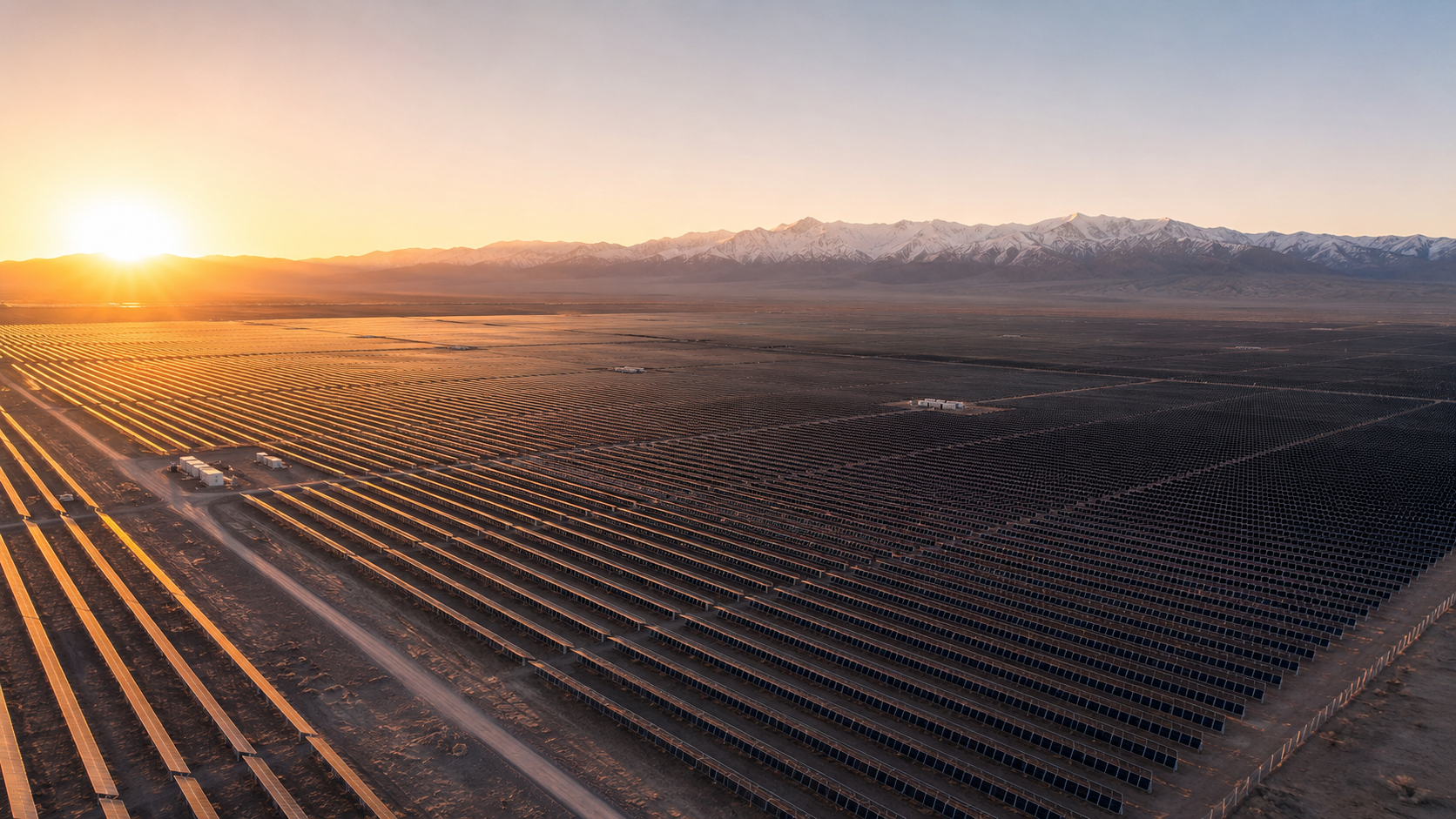 Parque solar al atardecer con cordillera nevada